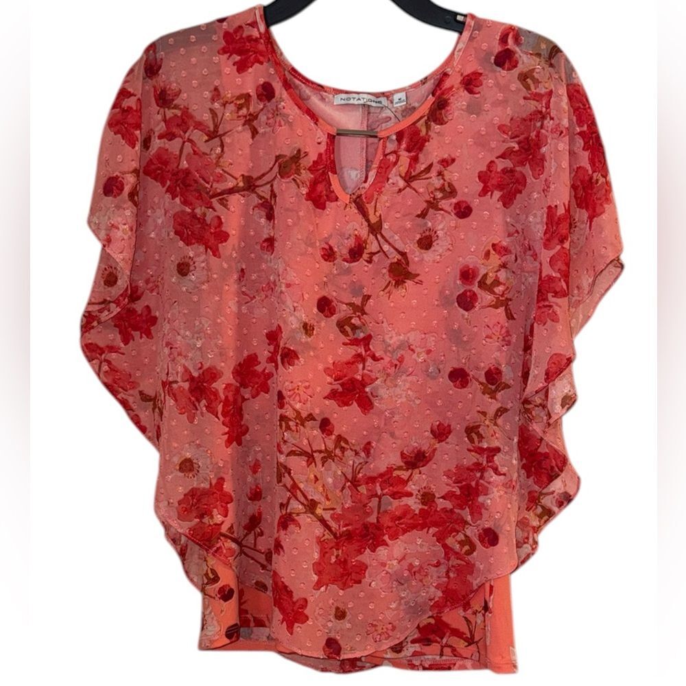 Notations NWT M Floral Swiss Dot Flutter Sleeve Blouse Coral Pink Keyhole Top